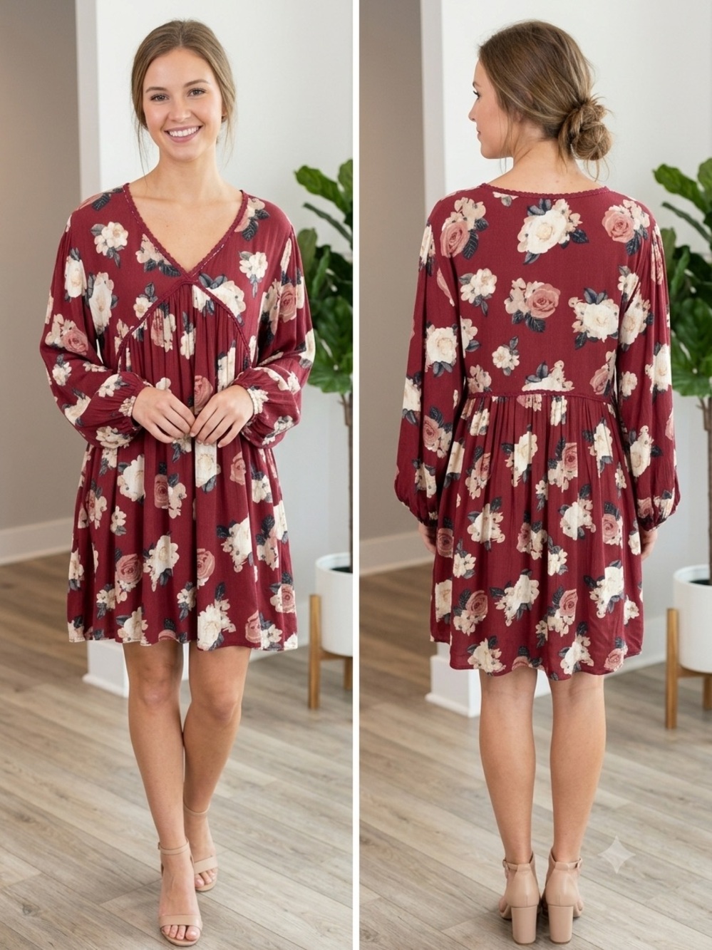 Umgee Burgundy Floral V-Neck Long Sleeve Babydoll Dress